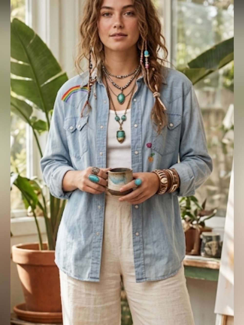 Washington Dee-Cee Vintage Western chambray Pearl Snap Shirt Hand Embroidered